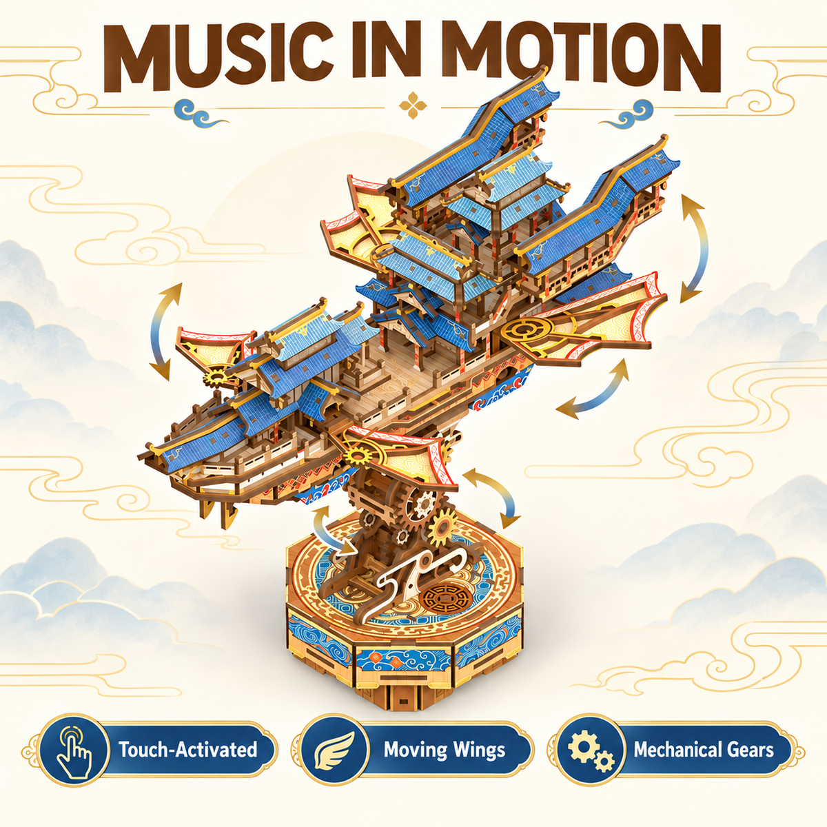 Tonecheer Wind Voyager 3D Wooden Puzzle – 421-Piece Mechanical Flying Ship Model Kit with Music & Moving Wings