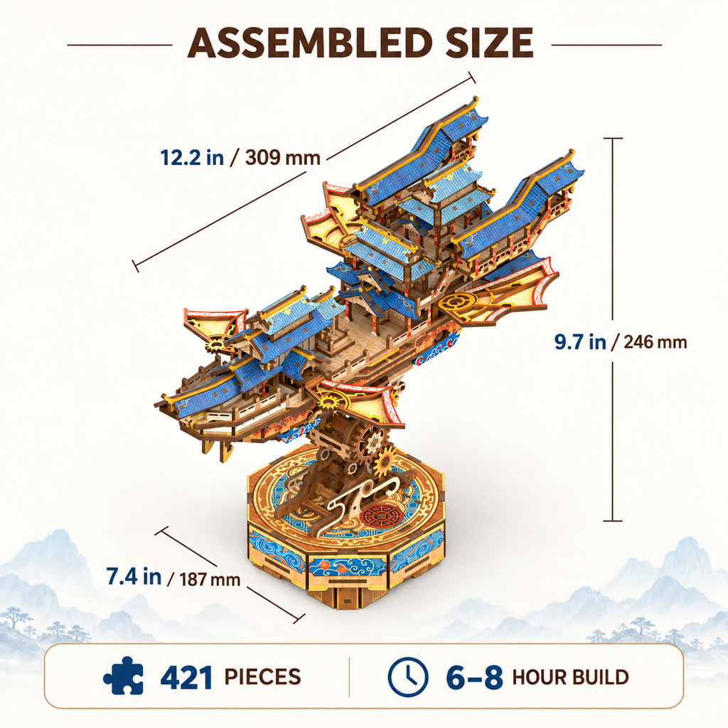 Tonecheer Wind Voyager 3D Wooden Puzzle – 421-Piece Mechanical Flying Ship Model Kit with Music & Moving Wings