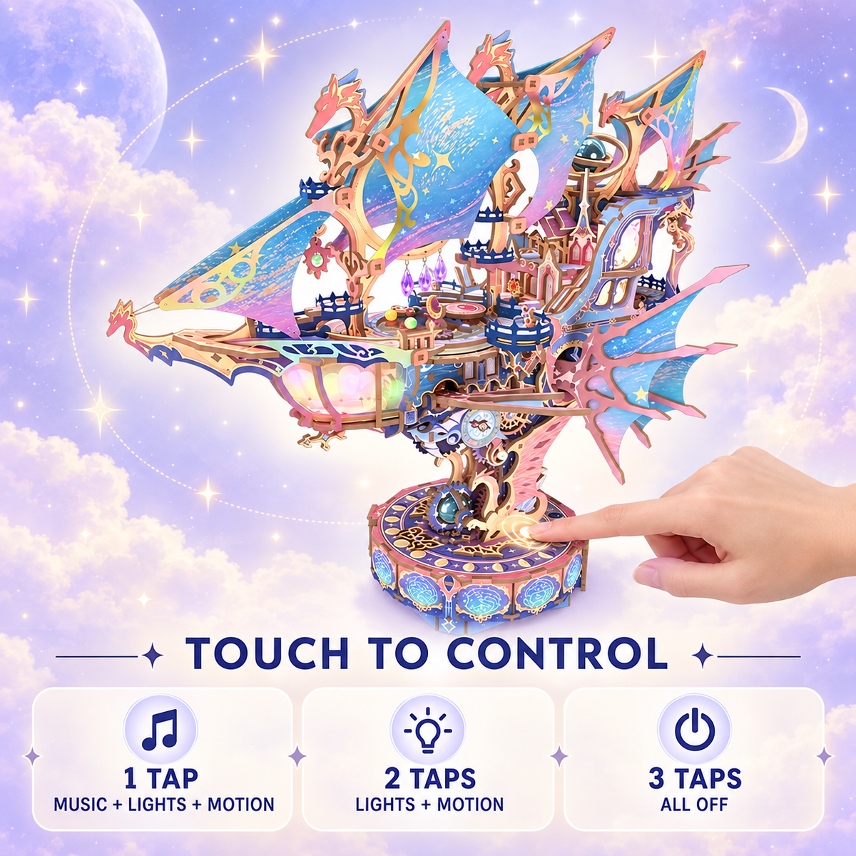 Magical Galaxy Celestial Airship 3D Wooden Puzzle – 519-Piece Model with Lights, Music & Moving Wings