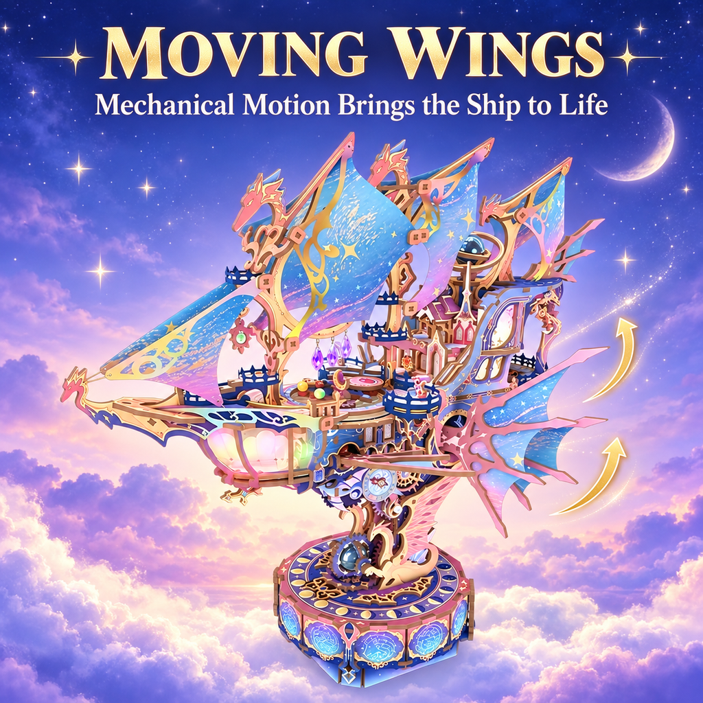 Magical Galaxy Celestial Airship 3D Wooden Puzzle – 519-Piece Model with Lights, Music & Moving Wings