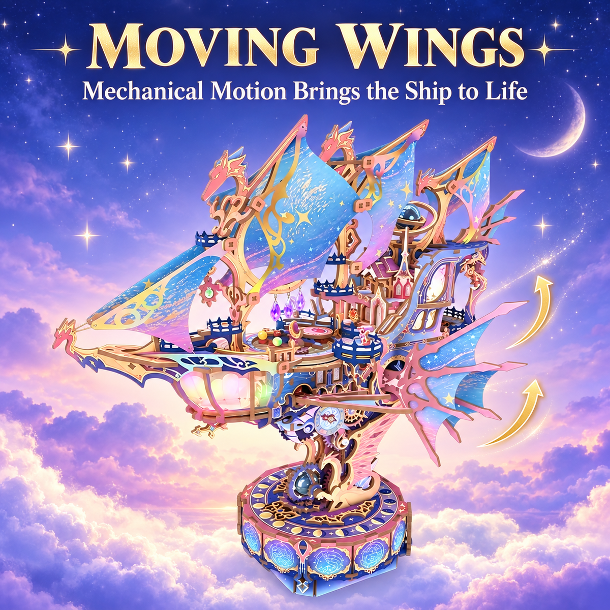 Magical Galaxy Celestial Airship 3D Wooden Puzzle – 519-Piece Model with Lights, Music & Moving Wings