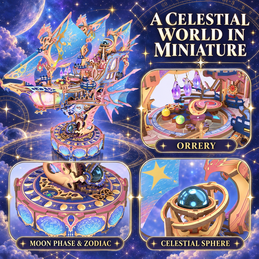 Magical Galaxy Celestial Airship 3D Wooden Puzzle – 519-Piece Model with Lights, Music & Moving Wings