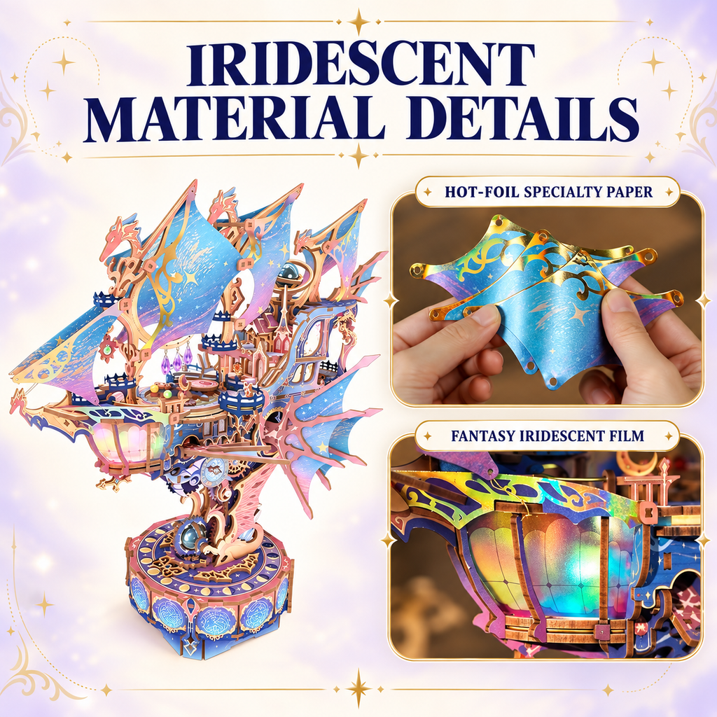 Magical Galaxy Celestial Airship 3D Wooden Puzzle – 519-Piece Model with Lights, Music & Moving Wings
