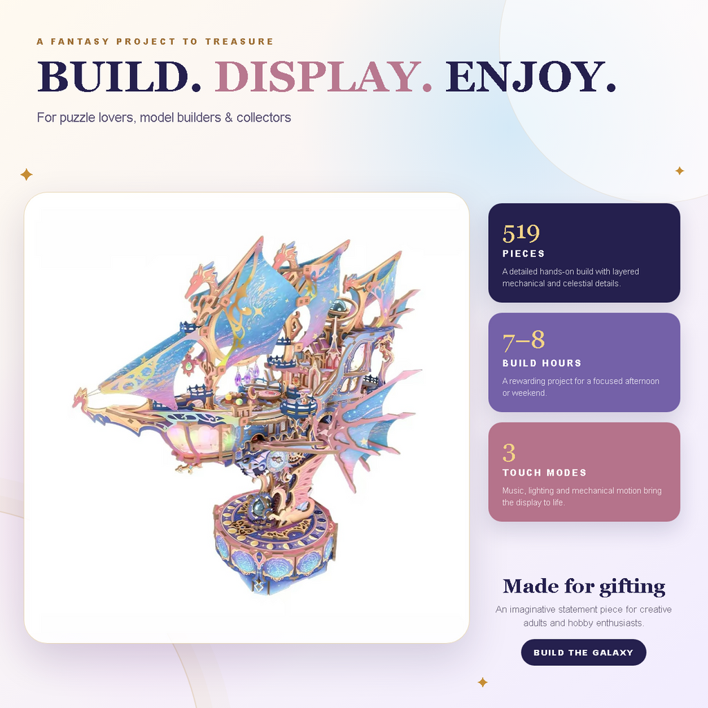 Magical Galaxy Celestial Airship 3D Wooden Puzzle – 519-Piece Model with Lights, Music & Moving Wings